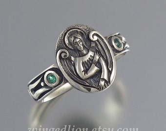 ANGEL'S SEAL Silver Signet Ring with Emerald accents