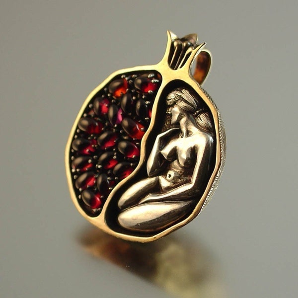 Ready to ship - POMEGRANATE bronze and silver garnet pendant with silver chain