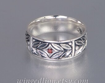 EVERGREEN LAUREL silver wedding wide band with garnet