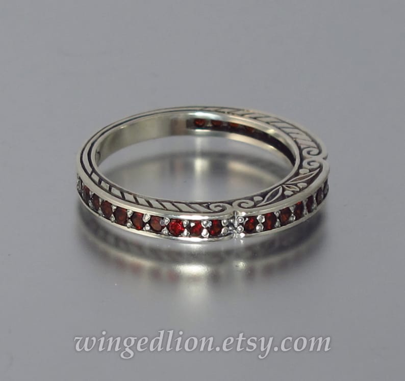 CARYATID wedding band in sterling silver with Garnet half-eternity band image 2