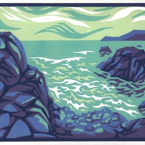 BREAKING WAVES reduction linocut seaside view