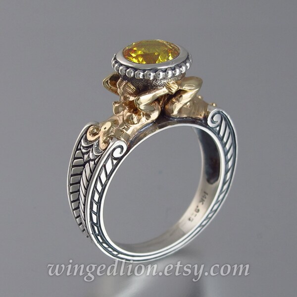 CARYATID 14K gold and silver Ring with Yellow Sapphire