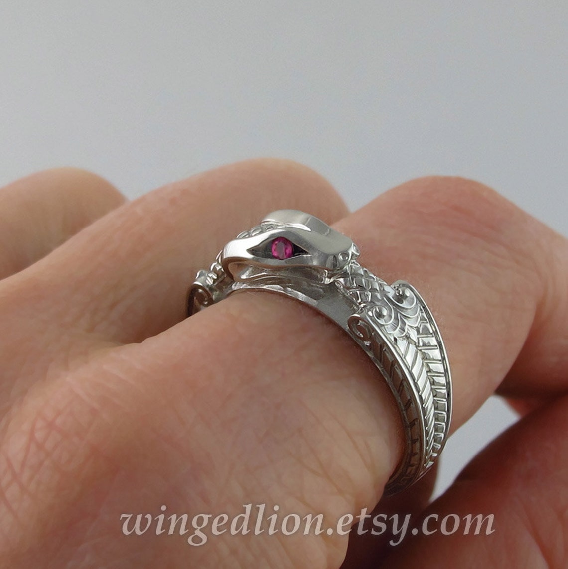OUROBOROS 14K White Gold Mens Snake Ring With Ruby Eyes Unisex Etsy