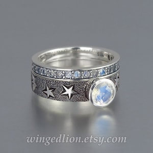 THE MOON silver ring and wedding band set with Moonstones