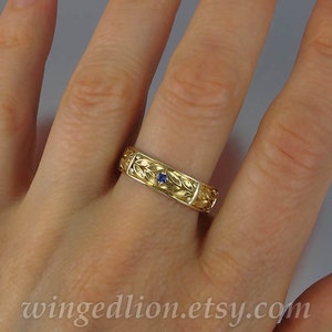 EVERGREEN LAUREL 14k gold mens wedding band with Blue Sapphire unisex ring image 5