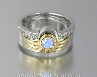 Sun and Moon ECLIPSE engagement and wedding ring set in 18k &14k gold with Moonstone and white sapphires