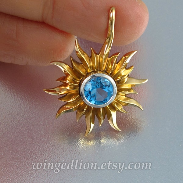 SOLAR ECLIPSE bronze and silver sun pendant with Swiss Blue Topaz