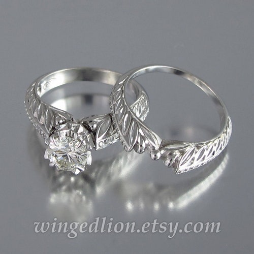 Engagement rings, white gold ring, EDELWEISS 14K white gold Moissanite engagement ring and wedding band set