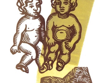 GEMINI (May 21 - Jun 21) Twins zodiac linocut greeting card