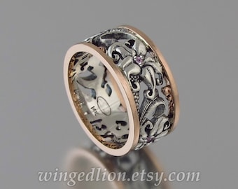 FLORAL silver and 14k rose gold Art Nouveau band with pink sapphires