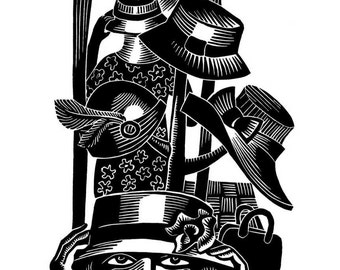 TRYING ON HATS linocut