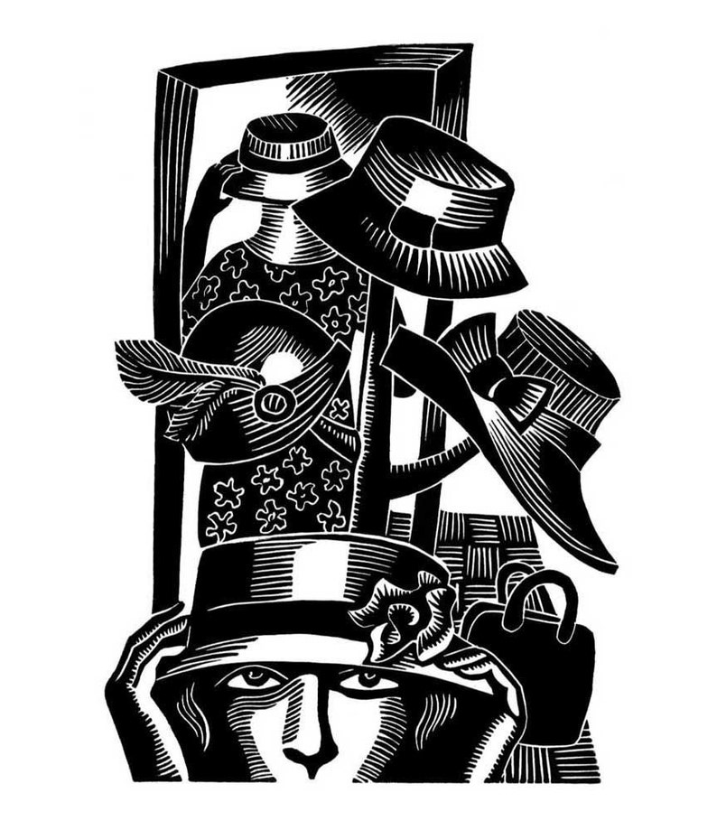 TRYING ON HATS linocut image 1