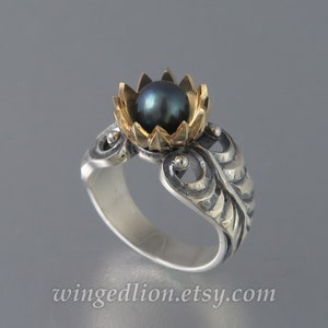 LOTUS silver and 14k gold ring with Black Pearl