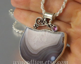 LACE AGATE silver pendant with Pink tourmaline OOAK Ready to ship