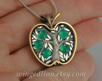 Small APPLE TREE bronze and silver pendant with green Onyx - Tree of Life charm