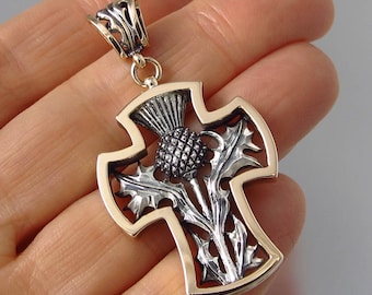 THISTLE CROSS bronze and silver pendant