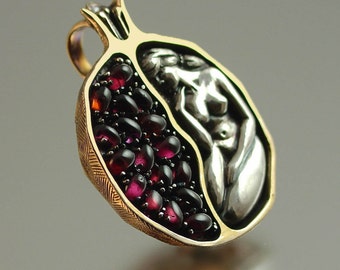 POMEGRANATE silver and bronze garnet pendant Ready to ship