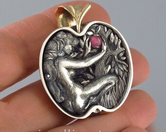 EVE's APPLE silver & 14k yellow gold pendant with Pink Tourmaline - Ready to ship