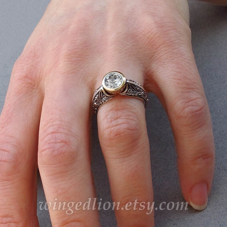 The CROWNED COUNTESS engagement ring in silver and 14k gold with White Sapphire and diamonds sizes 4 to 7 image 5