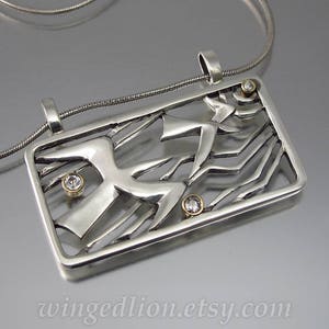 SEAGULLS silver pendant with 14K gold and white sapphires Ready to ship