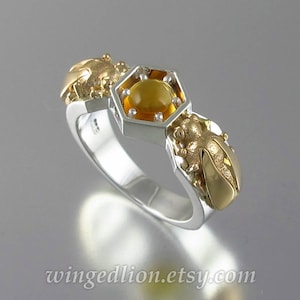 HONEY DROP silver and 14k gold ring with Citrine bee ring