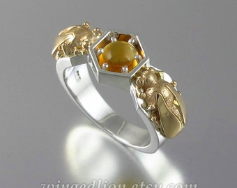 HONEY DROP silver and 14k gold ring with Citrine bee ring