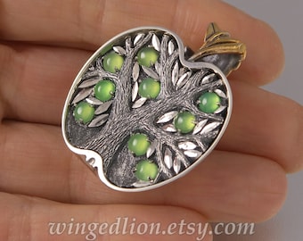 APPLE TREE silver and bronze pendant with Chrysoprase - Tree of Life necklace - Ready to Ship