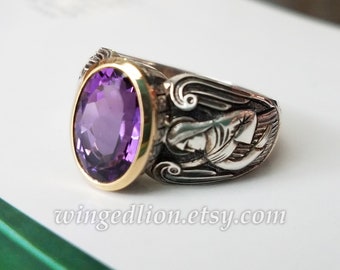 size 13 Ready to ship Guardian Angels silver 14K ring with Amethyst