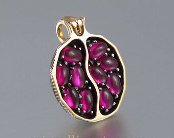 Small JUICY POMEGRANATE bronze & silver pendant with lab rubies