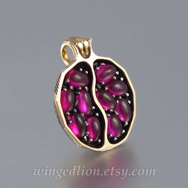 Small JUICY POMEGRANATE bronze & silver pendant with lab rubies