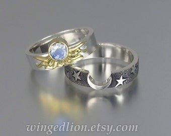 Sun and Moon ECLIPSE Engagement Ring & Wedding Band Set in 18K gold and silver with Moonstone