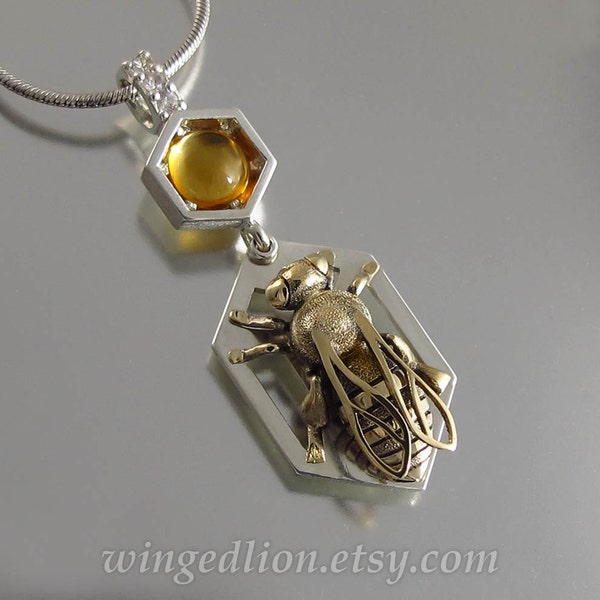HONEY BEE silver and 14k gold pendant with citrine and white sapphires Ready to ship