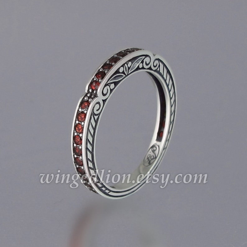 CARYATID wedding band in sterling silver with Garnet half-eternity band image 1