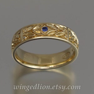 EVERGREEN LAUREL 14k gold mens wedding band with Blue Sapphire unisex ring image 3