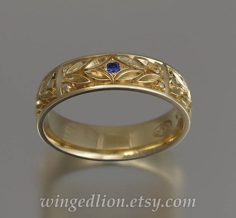 EVERGREEN LAUREL 14k gold mens wedding band with Blue Sapphire unisex ring image 3