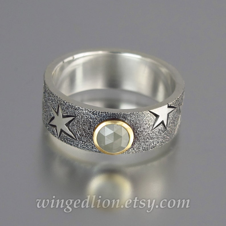 MOONSTRUCK mens wedding band silver and 14k gold 0.4ct rosecut Diamond unisex ring silver /14k yellow