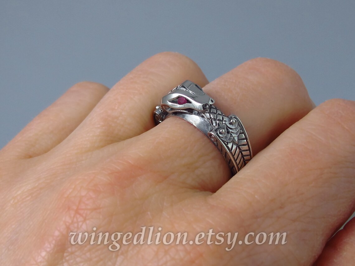 OUROBOROS 14K White Gold Mens Snake Ring With Ruby Eyes Unisex Etsy