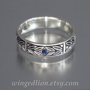 EVERGREEN LAUREL silver mens wedding band with Blue Sapphire unisex ring