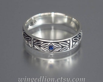 EVERGREEN LAUREL silver mens wedding band with Blue Sapphire unisex ring