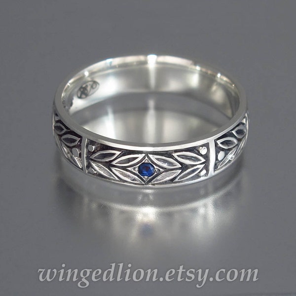 EVERGREEN LAUREL silver mens wedding band with Blue Sapphire unisex ring