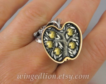 APPLE TREE bronze and silver ring with Citrines and tourmaline