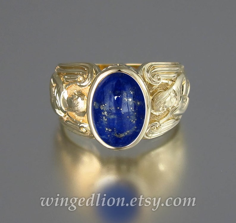 Guardian Angels Mens 14K yellow gold Ring with Lapis Lazuli sizes 8 to 14 image 4