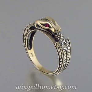 Snake gold ring, OUROBOROS 14K yellow gold mens Snake ring with Ruby eyes, unisex band