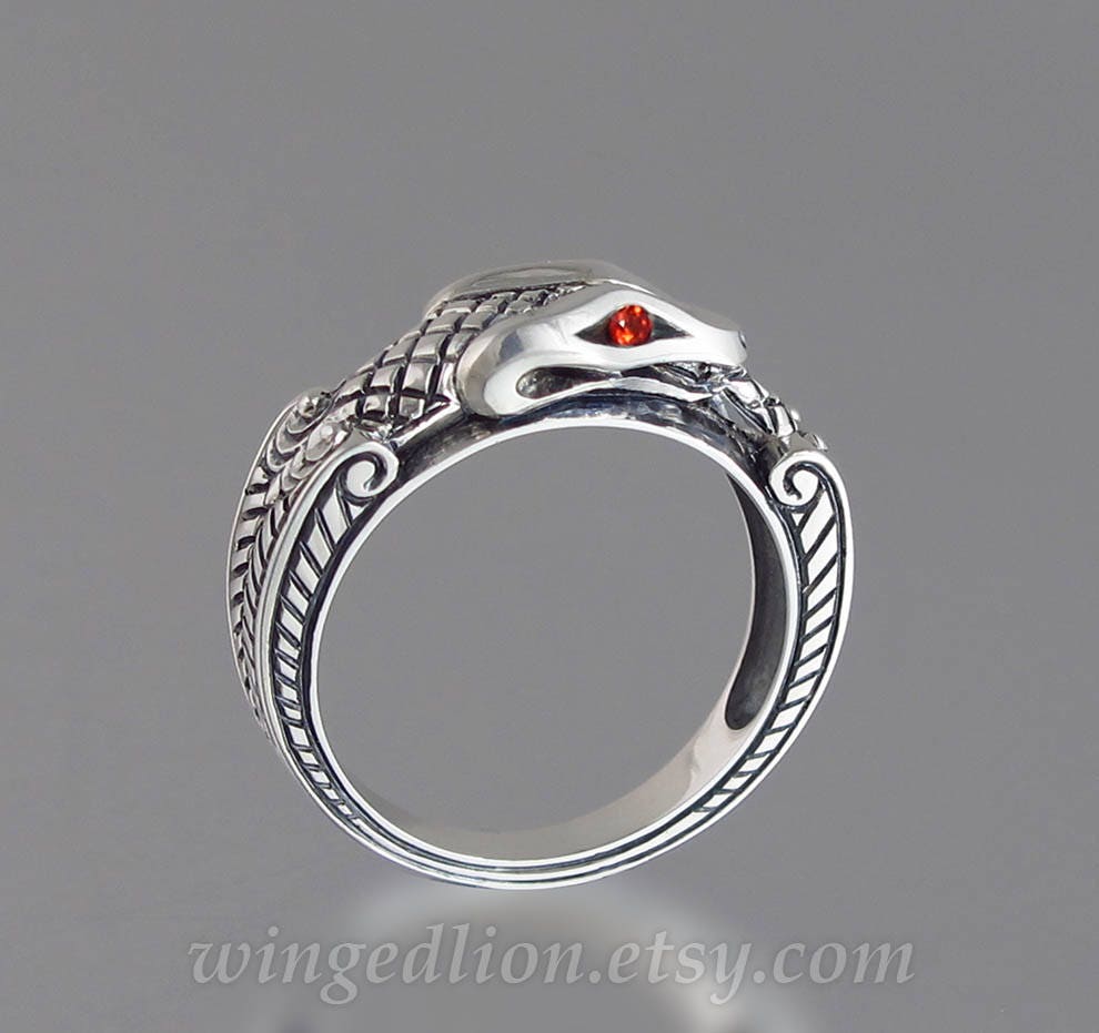 Silver Snake Ring, OUROBOROS Silver Mens Snake Ring With Orange