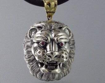 LION'S HEAD designer 14k gold & silver pendant with rubis and diamonds - Ready to ship