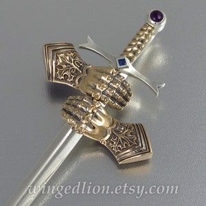 Knight's Sword DURENDAL silver & bronze unisex pendant with Amethyst and Blue Sapphire