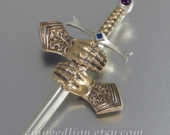 Knight's Sword DURENDAL silver & bronze unisex pendant with Amethyst and Blue Sapphire