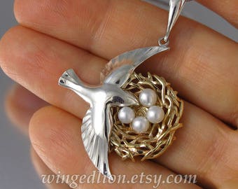 BIRD NEST 14k gold and silver pendant with pearls