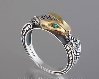 OUROBOROS silver and 14k yellow gold mens unisex Snake ring with Emerald eyes