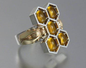 HONEY BEES silver and 14k gold ring with Citrines